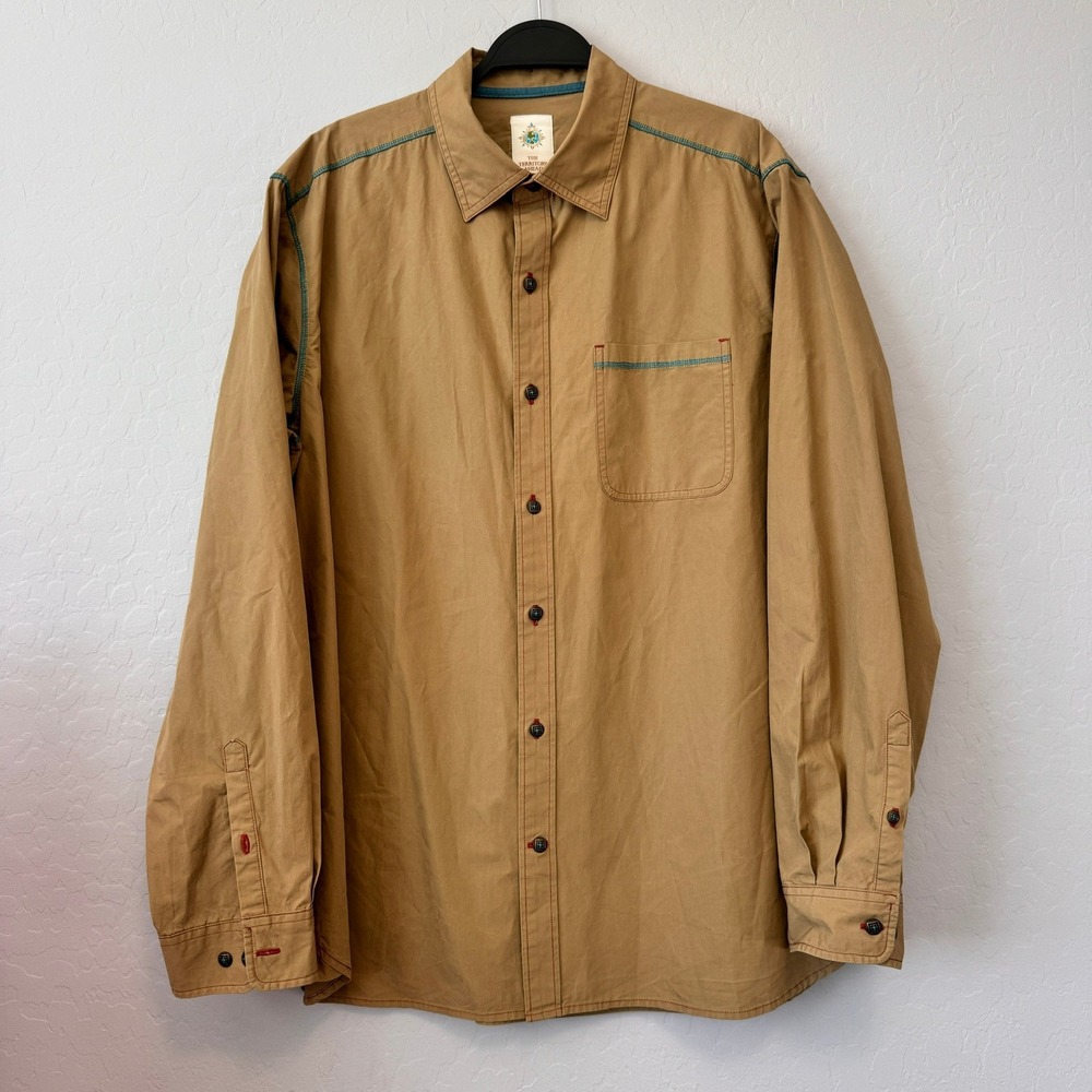 The Territory Ahead Large Button Down Tan Long Sleeve Embroidered Bird Stitch
